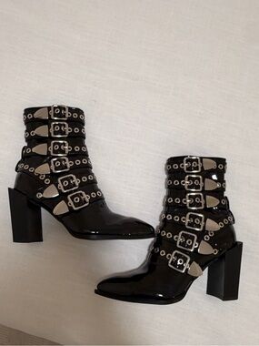 Browns Black Patent Buckle-Strap Ankle Booties